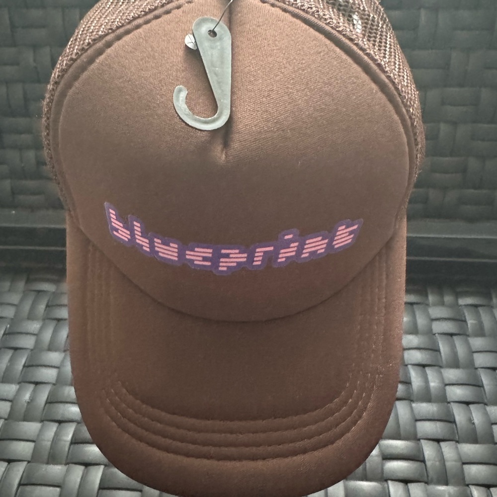 Brown Trucker Hat with Pink Logo Blueprint